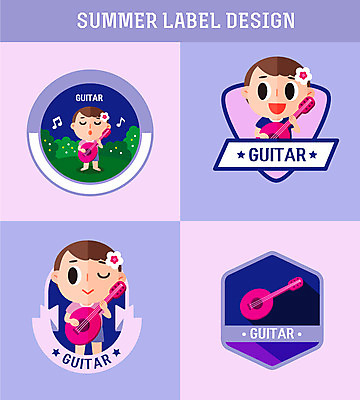 전신 남자 꽃 리본 어린이 연주 일러스트 윙크 들기 소년 상반신 세명 여름 여름휴가 바캉스 라벨 보라색 기타 풀 기타리스트 소년만 국내일러스트 AI파일 식물 계절 음악 컬러 모션 현악기 휴가 프레임 표정 사람 연주자 남자만 어린이만 파일형식 벡터 여름_계절