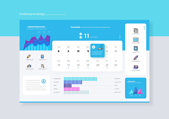 PSD 편집이미지 하늘색 모바일 그래프 사람없음 달력 계획표 11월 막대그래프 메뉴 꺾은선그래프 온라인 UI 인터페이스 플래너 대시보드 이미지편집 파란색 날짜 계획 파일형식