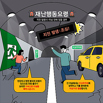 전신 여자 남자 일러스트 자동차 성인 두명 달리기 손들기 터널 주차 탈출 재해 전광판 비상구 긴급상황 대피 지진 터널속 매뉴얼 성인만 행동요령 국내일러스트 AI파일 길 육상교통 컨셉 모션 안전 사람 긴급 자연재해 파일형식 벡터