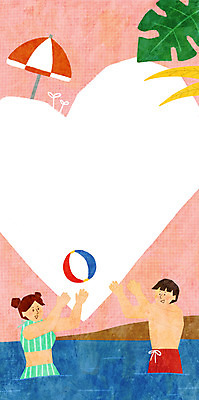 PSD 커플 여자 남자 바다 분홍색 여행 일러스트 물놀이 나뭇잎 프레임 상반신 성인 두명 여름 여름휴가 바캉스 하트 파라솔 비치볼 공놀이 여름라이프 프레임일러스트 성인만 국내일러스트 모양 라이프스타일 계절 컬러 잎 공 관계 놀이 휴가 바캉스용품 사람 파일형식 여름_계절