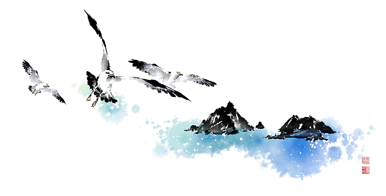 PSD 바다 날개 일러스트 캘리그라피 갈매기 붓터치 세마리 사람없음 비행 동양화 번짐 낙관 독도 국내일러스트 섬 조류 한국 3 미술 파일형식 효과