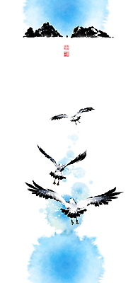 PSD 바다 일러스트 캘리그라피 갈매기 붓터치 세마리 사람없음 비행 동양화 번짐 낙관 독도 국내일러스트 섬 조류 한국 3 미술 파일형식 효과