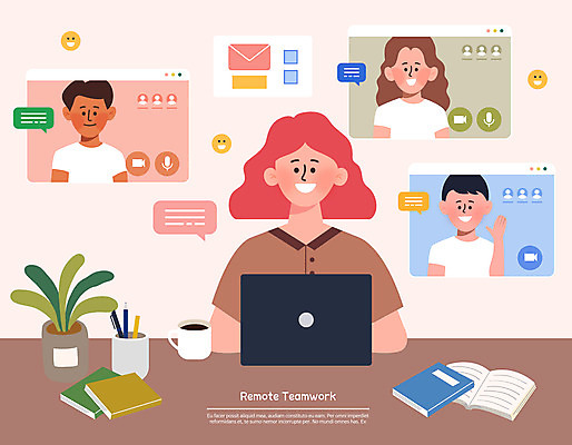 여자 남자 화분 커피 분홍색 말풍선 일러스트 비즈니스 회의 모바일 협력 여러명 상반신 성인 책 노트북 비즈니스맨 비즈니스우먼 손인사 재택근무 온라인 화상통화 성인만 언택트 온택트 국내일러스트 AI파일 음료 컬러 다수 사람 전자제품 인사 직장인 통화 파일형식 벡터