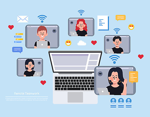 여자 남자 하늘색 일러스트 비즈니스 회의 모바일 협력 여러명 상반신 성인 노트북 태블릿 하트 비즈니스맨 비즈니스우먼 이메일 와이파이 재택근무 온라인 이모티콘 화상통화 성인만 언택트 온택트 국내일러스트 AI파일 모양 다수 사람 파란색 전자제품 스마트기기 직장인 무선인터넷 통화 파일형식 벡터