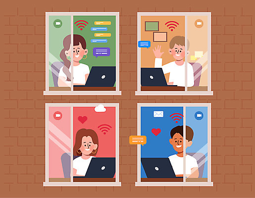 여자 남자 말풍선 일러스트 비즈니스 창문 회의 모바일 협력 여러명 상반신 성인 노트북 갈색 비즈니스맨 비즈니스우먼 와이파이 손인사 재택근무 온라인 화상통화 성인만 언택트 온택트 국내일러스트 AI파일 컬러 다수 사람 전자제품 인사 직장인 무선인터넷 통화 파일형식 벡터