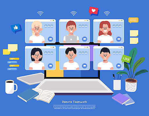 여자 남자 화분 커피 말풍선 일러스트 비즈니스 회의 모바일 협력 여러명 상반신 성인 책 파란색 노트북 태블릿 공책 비즈니스맨 비즈니스우먼 포스트잇 연필꽂이 와이파이 재택근무 온라인 화상통화 성인만 언택트 온택트 국내일러스트 AI파일 음료 컬러 다수 문구용품 사람 전자제품 스마트기기 메모지 직장인 무선인터넷 통화 파일형식 벡터