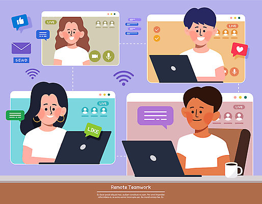 전신 여자 남자 커피 말풍선 일러스트 비즈니스 회의 모바일 협력 앉기 여러명 상반신 성인 노트북 보라색 비즈니스맨 비즈니스우먼 와이파이 재택근무 온라인 화상통화 성인만 언택트 온택트 국내일러스트 AI파일 음료 컬러 다수 모션 사람 전자제품 직장인 무선인터넷 통화 파일형식 벡터