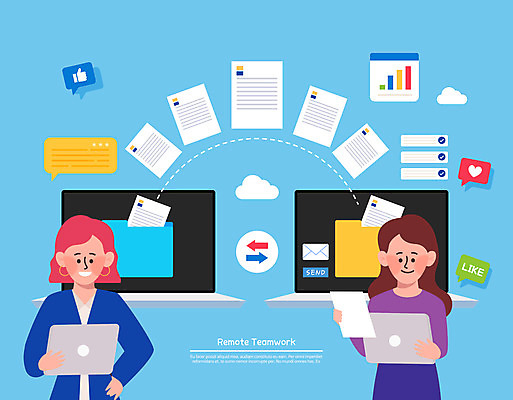 여자 하늘색 말풍선 일러스트 비즈니스 회의 모바일 협력 들기 상반신 성인 두명 노트북 태블릿 비즈니스우먼 문서 재택근무 온라인 전송 화상통화 성인여자만 언택트 온택트 국내일러스트 AI파일 모션 사람 파란색 전자제품 스마트기기 직장인 통화 여자만 성인만 파일형식 벡터