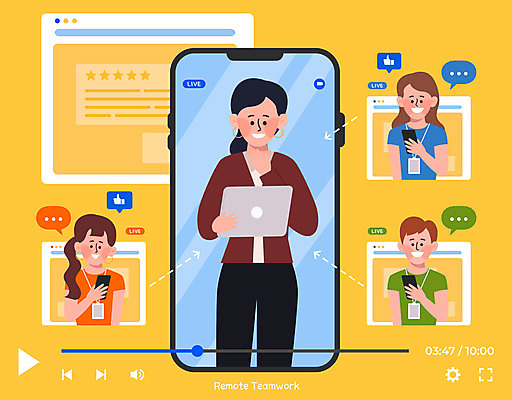 여자 남자 일러스트 비즈니스 회의 모바일 협력 들기 여러명 상반신 성인 스마트폰 태블릿 노란색 비즈니스맨 비즈니스우먼 재택근무 온라인 동영상창 화상통화 성인만 언택트 온택트 국내일러스트 AI파일 컬러 다수 모션 사람 전자제품 핸드폰 스마트기기 직장인 통화 동영상 파일형식 벡터