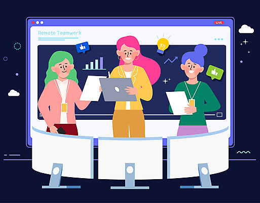 여자 일러스트 회의 모바일 협력 들기 상반신 성인 세명 태블릿 모니터 비즈니스우먼 남색 재택근무 온라인 동영상창 화상통화 성인여자만 언택트 온택트 국내일러스트 AI파일 컬러 비즈니스 모션 사람 전자제품 스마트기기 컴퓨터 직장인 통화 동영상 여자만 성인만 파일형식 벡터