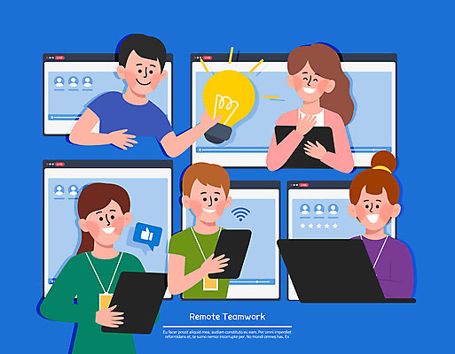 여자 남자 일러스트 전구 회의 모바일 협력 들기 여러명 상반신 성인 파란색 노트북 태블릿 비즈니스맨 비즈니스우먼 재택근무 온라인 화상통화 성인만 언택트 온택트 국내일러스트 AI파일 컬러 다수 비즈니스 모션 사람 전자제품 스마트기기 직장인 통화 파일형식 벡터