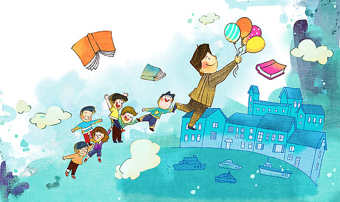 전신 PSD 구름 학생 여자 어린이교육 남자 어린이 하늘색 일러스트 들기 소녀 소년 여러명 성인 건물 책 마을 비행 잡기 풍선 선박 국내일러스트 자연요소 건축물 교육 다수 수상교통 모션 사람 파란색 파일형식