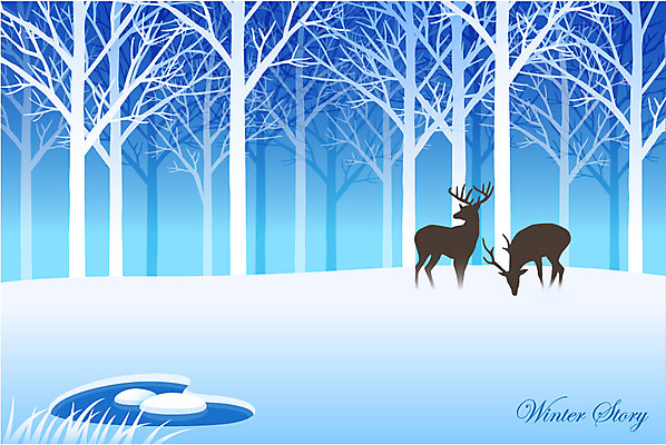 EPS 나무 동물 계절 실루엣 백그라운드 두마리 겨울 일러스트 포유류 사슴 풍경 사람없음 설원 추위 눈 숲 웅덩이 겨울배경 국내일러스트 자연요소 식물 2 날씨 눈_날씨 촬영기법 파일형식 벡터