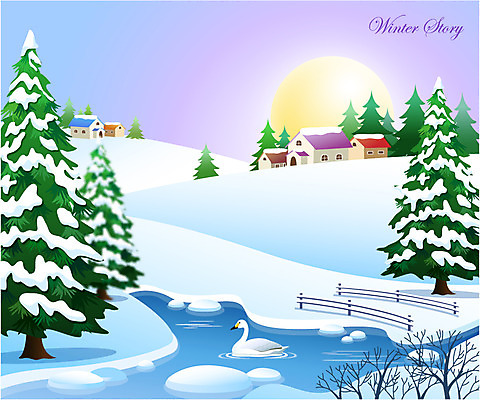 EPS 나무 동물 한마리 계절 백그라운드 겨울 일러스트 조류 주택 풍경 사람없음 태양 설원 얼음 추위 눈 연못 백조 고니 가교 겨울배경 국내일러스트 자연요소 식물 1 건축물 날씨 눈_날씨 건물 파일형식 벡터