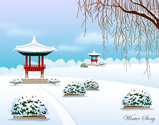 EPS 나무 계절 길 백그라운드 겨울 일러스트 풍경 사람없음 설원 정원 추위 나뭇가지 눈 정자 겨울배경 국내일러스트 자연요소 식물 건축물 날씨 눈_날씨 파일형식 벡터