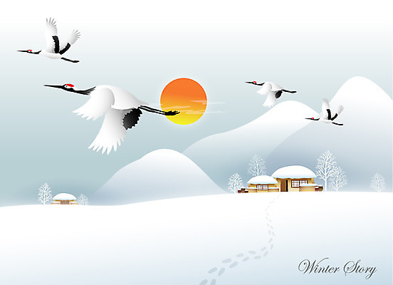EPS 동물 계절 백그라운드 겨울 일러스트 조류 새해 산 주택 초가집 풍경 사람없음 태양 설원 학 추위 눈 발자국 겨울배경 국내일러스트 자연요소 자국 날씨 한옥 눈_날씨 건물 파일형식 벡터