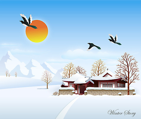 EPS 나무 동물 계절 길 백그라운드 겨울 일러스트 조류 새해 산 주택 기와집 풍경 사람없음 태양 설원 추위 눈 까치 겨울배경 국내일러스트 자연요소 식물 날씨 한옥 눈_날씨 건물 파일형식 벡터