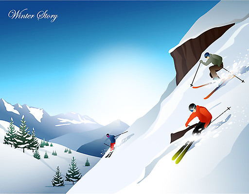 EPS 나무 계절 스포츠 백그라운드 겨울 일러스트 스키 겨울스포츠 산 사람 풍경 세명 설원 절벽 추위 눈 승차 하락 스키복 산등성이 스키장비 내려오기 겨울배경 국내일러스트 자연요소 식물 옷 스포츠용품 컨셉 모션 날씨 눈_날씨 파일형식 벡터