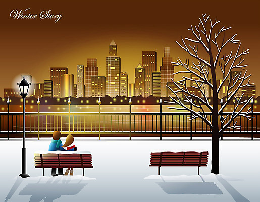 EPS 나무 커플 계절 여자 남자 백그라운드 겨울 야경 가로등 벤치 데이트 일러스트 조명 그림자 사람 앉기 빌딩 성인 두명 건물 빛 강 추위 눈 도시 성인만 겨울배경 국내일러스트 자연요소 식물 건축물 공공시설 의자 관계 모션 날씨 야간 파일형식 벡터 풍경_경치