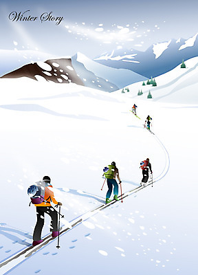 EPS 계절 백그라운드 겨울 일러스트 스키 겨울스포츠 산 사람 풍경 여러명 걷기 설원 추위 눈 스키복 오르기 스키장비 눈보라 눈발 겨울배경 국내일러스트 자연요소 옷 스포츠용품 스포츠 다수 모션 날씨 눈_날씨 파일형식 벡터