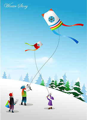 EPS 나무 계절 여자 남자 어린이 백그라운드 겨울 일러스트 놀이 사람 풍경 소녀 소년 세명 설원 전통놀이 추위 눈 연날리기 어린이만 겨울배경 국내일러스트 자연요소 식물 전통 날씨 눈_날씨 파일형식 벡터