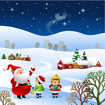 EPS 나무 계절 여자 할아버지 남자 크리스마스 겨울 일러스트 밤하늘 주택 선물 미소 웃음 사람 소년 성인 10대 세명 선물상자 산타클로스 눈 오두막 국내일러스트 자연요소 식물 기념일 노년 어린이 청소년 하늘 날씨 표정 건물 상자 야간 파일형식 벡터