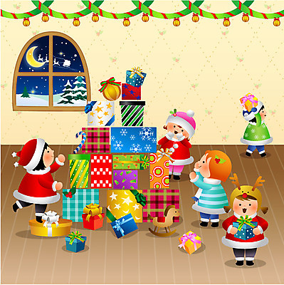 EPS 계절 여자 남자 크리스마스 겨울 일러스트 창문 선물 미소 웃음 사람 소년 여러명 장식 10대 선물상자 크리스마스트리 산타클로스 방 십대만 국내일러스트 기념일 어린이 다수 청소년 표정 상자 파일형식 벡터