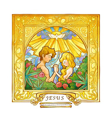 PSD 커플 여자 남자 기독교 종교 꽃밭 일러스트 사람 상반신 성인 두명 믿음 희망 스테인드글라스 아담 에덴동산 이브 성인만 국내일러스트 꽃 감정 관계 유리 파일형식