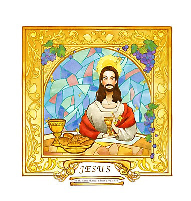 PSD 남자 기독교 종교 음식 빵 술잔 과일 일러스트 탁자 포도 한명 미소 웃음 성인 믿음 와인 희망 예수 스테인드글라스 성배 남자만 남자한명만 성인남자만 성인만 국내일러스트 1 감정 가구 유리 잔 주류 표정 사람 신_종교 파일형식