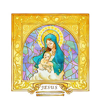 PSD 여자 기독교 종교 일러스트 안기 미소 웃음 사람 성인 두명 믿음 희망 아기 예수 마리아 스테인드글라스 아기예수 여자만 국내일러스트 감정 모션 유리 표정 신_종교 파일형식