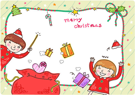 EPS 옷 여자 남자 어린이 크리스마스 일러스트 장난 산타옷 지팡이 선물 미소 웃음 사람 소녀 소년 두명 장식 10대 선물상자 마술 주머니 보따리 마법 선물꾸러미 십대만 국내일러스트 카드프레임 기념일 청소년 프레임 표정 상자 파일형식 벡터