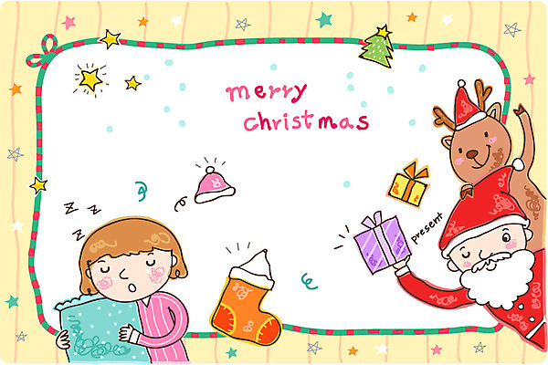 EPS 여자 남자 어린이 크리스마스 일러스트 베개 사슴 양말 선물 미소 웃음 사람 소녀 성인 선물상자 산타클로스 루돌프 국내일러스트 카드프레임 기념일 포유류 침구 프레임 표정 상자 파일형식 벡터