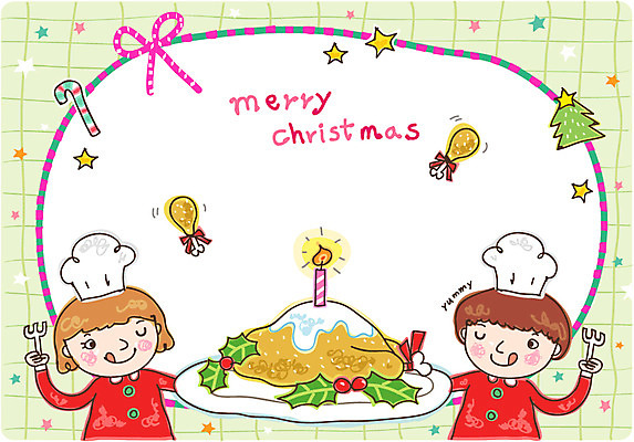 EPS 옷 여자 남자 어린이 음식 포크 크리스마스 일러스트 촛불 산타옷 요리 미소 웃음 사람 소녀 소년 두명 10대 칠면조 십대만 국내일러스트 카드프레임 식기 기념일 초 청소년 조류 프레임 표정 파일형식 벡터
