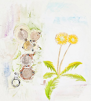 JPG 식물 꽃 컬러 백그라운드 잎 돈 일러스트 수채화 미술 사람없음 노란색 동전 못 원화 고리 민들레 백원 두송이 시화 그림 나사못 십원 오십원 오브제 국내일러스트 2 문화예술 공구 재산 파일형식