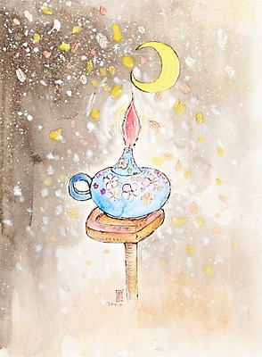 JPG 한국전통 전통 전통문화 백그라운드 일러스트 불 조명 수채화 미술 사람없음 달 램프 달밤 야간 저녁 초승달 시화 그림 전통등 호롱불 등잔 등잔불 국내일러스트 자연요소 문화 문화예술 한국 파일형식