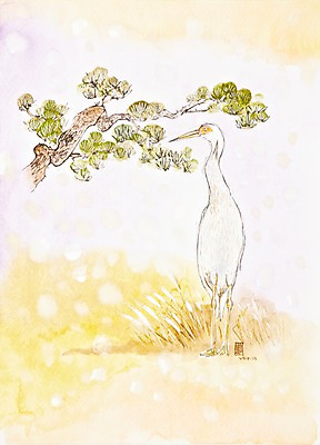 JPG 나무 식물 동물 한마리 한국전통 백그라운드 일러스트 자연 조류 수채화 새해 미술 사람없음 학 소나무 시화 그림 국내일러스트 1 전통 문화예술 한국 생태계 파일형식