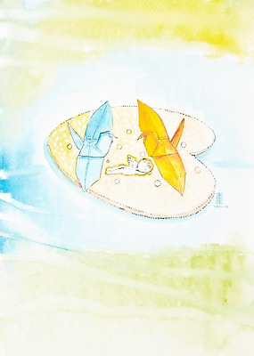 JPG 호수 백그라운드 잎 일러스트 상상 나뭇잎 천사 수채화 미술 사람없음 꿈 아기 연못 잠 수면 시화 그림 종이학 국내일러스트 식물 문화예술 사람 물 종이접기 파일형식