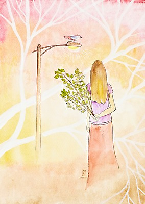 JPG 나무 식물 동물 한마리 여자 백그라운드 가로등 일러스트 조류 조명 수채화 미술 한명 사람 성인 빛 나뭇가지 시화 그림 여자만 여자한명만 성인여자만 성인만 국내일러스트 1 공공시설 문화예술 파일형식