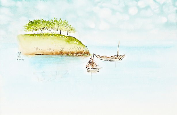 JPG 나무 식물 호수 교통수단 백그라운드 수상교통 일러스트 자연 수채화 미술 풍경 사람없음 강 침묵 고요 강가 나룻배 정박 시화 언덕 그림 나루터 두척 선박 국내일러스트 교통 2 배_교통 문화예술 항구 소리 생태계 파일형식