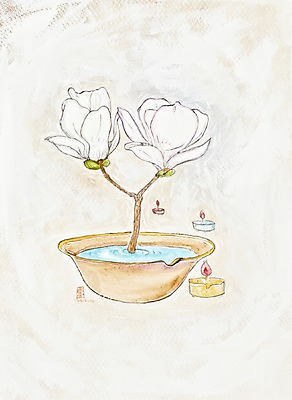 JPG 나무 식물 꽃 화초 백그라운드 일러스트 봄꽃 초 촛불 수채화 꽃나무 미술 사람없음 뷰티 스파 두송이 시화 그림 대야 목련 세숫대야 국내일러스트 2 문화예술 봄 파일형식