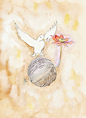 JPG 식물 동물 한마리 꽃 백그라운드 한송이 일러스트 조류 수채화 미술 사람없음 털실 실 시화 그림 비둘기 실타래 날갯짓 국내일러스트 1 문화예술 송이 파일형식