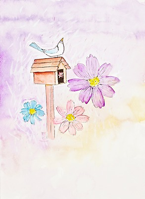 JPG 식물 동물 한마리 계절 꽃 백그라운드 일러스트 자연 조류 수채화 미술 풍경 사람없음 봄풍경 봄 우체통 편지 우편물 시화 그림 세송이 봄배경 소식_알림 국내일러스트 1 컨셉 문화예술 3 생태계 파일형식