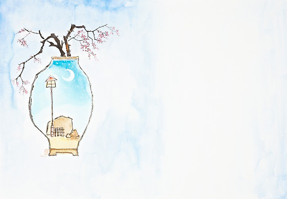 JPG 나무 식물 꽃 백그라운드 일러스트 상상 자연 수채화 주택 꽃나무 미술 풍경 사람없음 꽃병 봄풍경 봄 공백 달 달밤 항아리 야간 저녁 초승달 시화 그림 봄배경 국내일러스트 자연요소 계절 문화예술 건물 도자기 생태계 파일형식