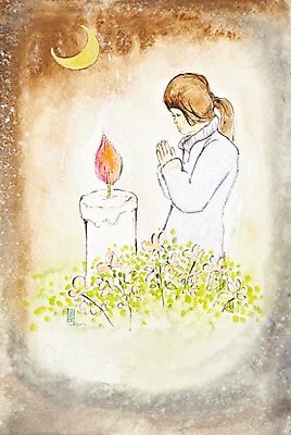 JPG 식물 여자 꽃 백그라운드 일러스트 초 촛불 불 수채화 미술 한명 사람 상반신 빛 희망 달 기도 야간 저녁 초승달 시화 그림 소원 여자만 여자한명만 국내일러스트 자연요소 1 감정 문화예술 밤 파일형식