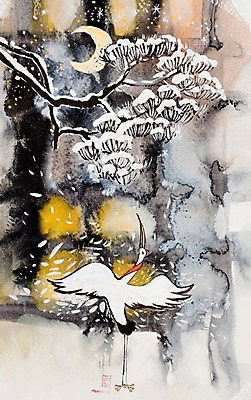 JPG 나무 식물 동물 한마리 한국전통 계절 백그라운드 겨울 일러스트 자연 조류 수채화 새해 수묵화 미술 풍경 사람없음 학 달 나뭇가지 달밤 소나무 야간 저녁 초승달 시화 그림 날갯짓 겨울배경 국내일러스트 자연요소 1 전통 문화예술 한국 생태계 파일형식