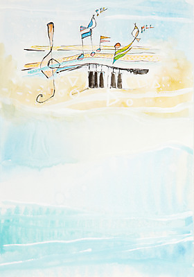 JPG 동물 악기 음악 백그라운드 두마리 음표 일러스트 조류 수채화 미술 사람없음 공백 건반 피아노 건반악기 높은음자리표 시화 그림 오선지 국내일러스트 기호 2 문화예술 악보 오선 파일형식