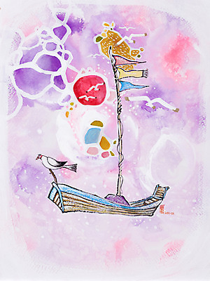 JPG 동물 교통수단 바다 백그라운드 수상교통 일러스트 갈매기 조류 수채화 미술 사람없음 태양 깃발 한척 어선 나룻배 시화 그림 돛대 선박 국내일러스트 자연요소 1 교통 배_교통 문화예술 파일형식