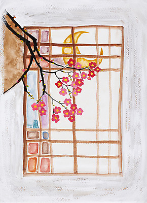 JPG 나무 식물 계절 꽃 백그라운드 일러스트 창문 수채화 꽃나무 미술 풍경 사람없음 문 봄풍경 봄 달 나뭇가지 달밤 야간 저녁 초승달 창가 시화 그림 봄배경 국내일러스트 자연요소 문화예술 파일형식