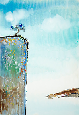 JPG 나무 식물 구름 백그라운드 일러스트 자연 하늘 수채화 바위산 한그루 미술 풍경 사람없음 절벽 돌_바위 바위 시화 그림 국내일러스트 자연요소 1 문화예술 돌산 생태계 파일형식