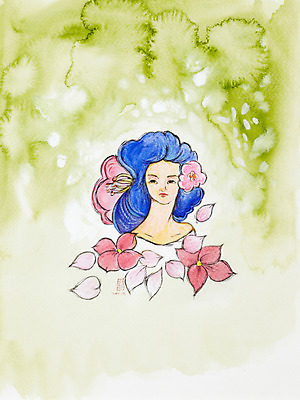 JPG 식물 여자 꽃잎 꽃 백그라운드 일러스트 수채화 미술 한명 사람 상반신 성인 뷰티 머리카락 시화 그림 여자만 여자한명만 성인여자만 성인만 국내일러스트 1 문화예술 머리 파일형식